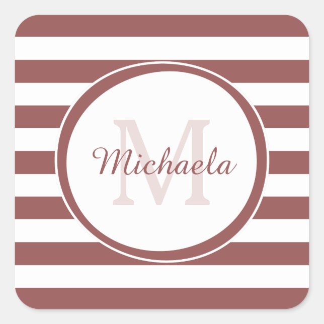 Mit Monogramm Name Preppy Dick Indian Red Strips Quadratischer Aufkleber (Vorderseite)