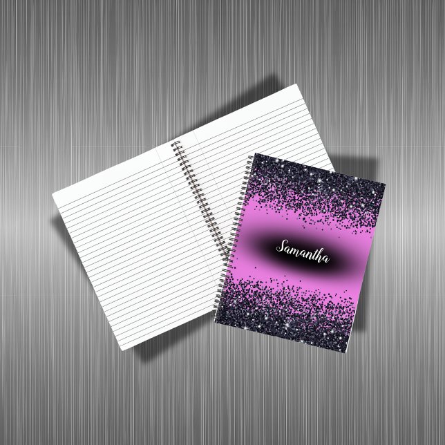 Mit Monogramm Name Schwarzer Glitzer auf Hot Pink  Notizbuch (Von Creator hochgeladen)