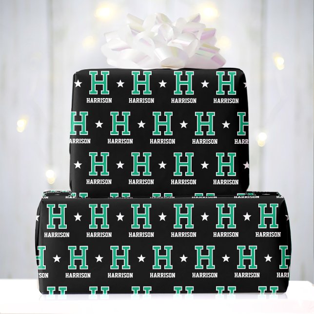 Mit Monogramm Name Star Green Black Geschenkpapier (Von Creator hochgeladen)