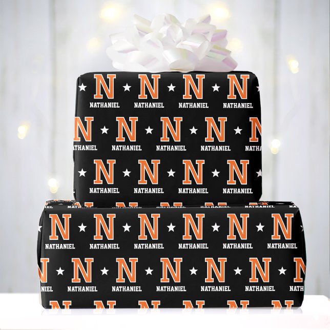 Mit Monogramm Name Star Orange Black Custom Geschenkpapier (Von Creator hochgeladen)