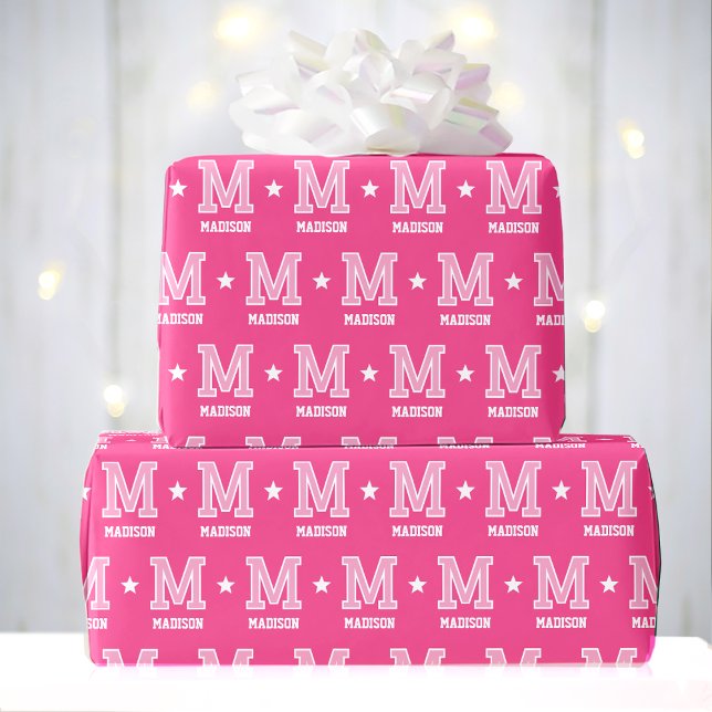 Mit Monogramm Name Star Pink Geschenkpapier (Von Creator hochgeladen)