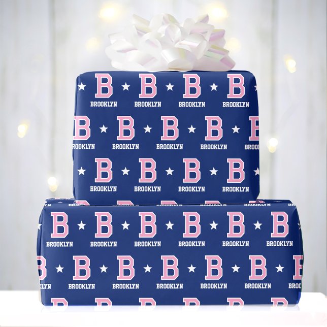 Mit Monogramm Name Star Pink Navy Geschenkpapier (Von Creator hochgeladen)