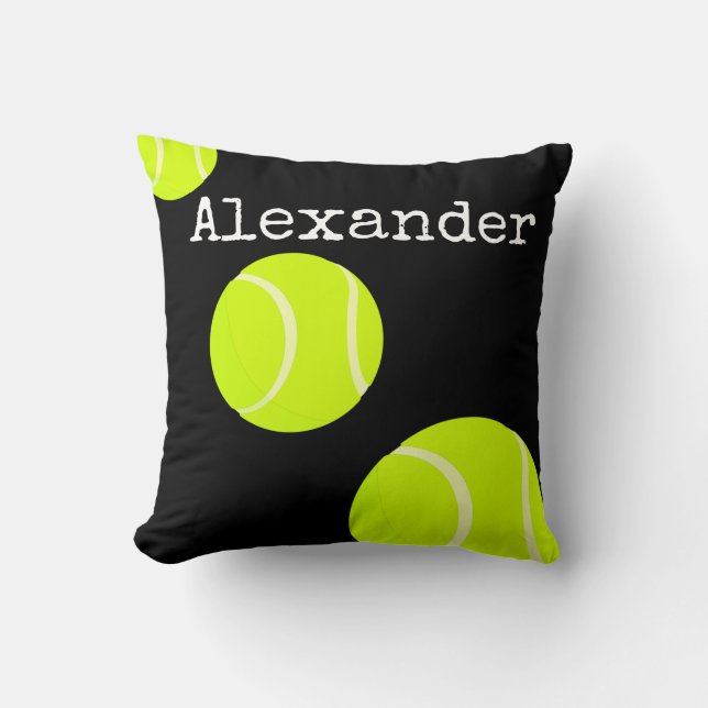 Mit Monogramm Name Tennis Ball Black Kissen (Vorderseite)