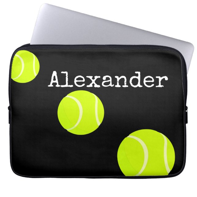 Mit Monogramm Name Tennis Ball Black Laptop Sleeve (Vorderseite)