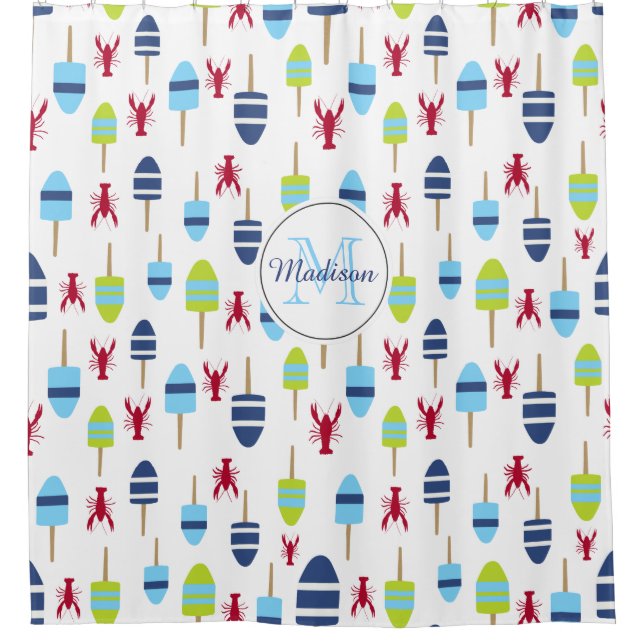 Mit Monogramm Nautical Lobster Buoy Beach House Duschvorhang (Vorderseite)