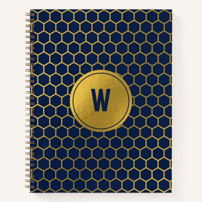 Mit Monogramm Navy Blue Gold Hexagon Muster Notizbuch (Vorderseite)