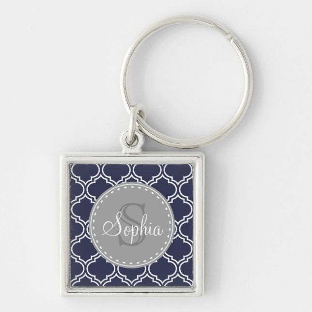 Mit Monogramm Navy Blue Lattice Muster Schlüsselanhänger (Vorne)