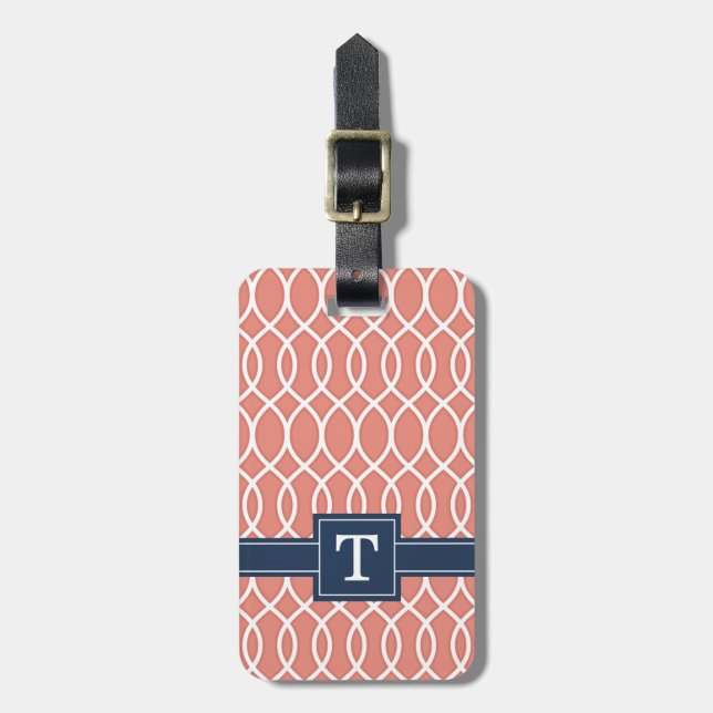 Mit Monogramm Navy Blue Pink Lattice Muster Gepäckanhänger (Vorderseite vertikal)