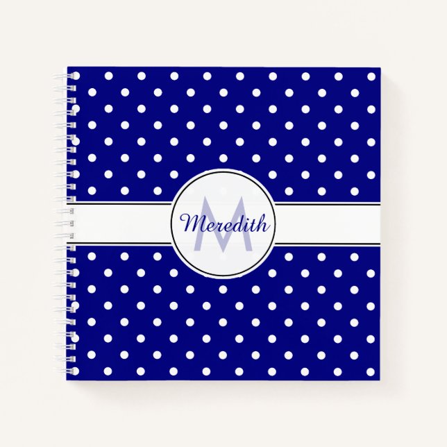 Mit Monogramm Navy Blue Polka Dot Pattern Notizbuch (Vorderseite)