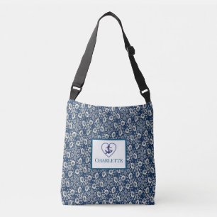 Mit Monogramm Navy-Blue-White-Floral Totbeutel Tragetaschen Mit Langen Trägern