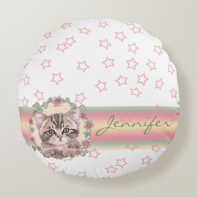 Mit Monogramm Niedliche Kitten Floral Pink Star Rundes Kissen (Vorderseite)