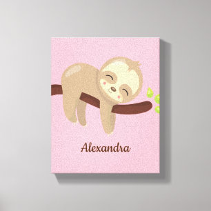 Mit Monogramm Niedliches Baby-Sloth auf Tree Pink- Leinwanddruck