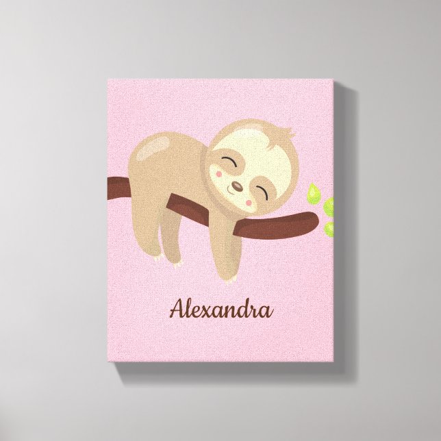 Mit Monogramm Niedliches Baby-Sloth auf Tree Pink- Leinwanddruck (Vorderseite)
