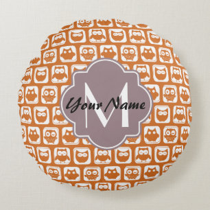 Mit Monogramm Orange Owls Rundes Kissen