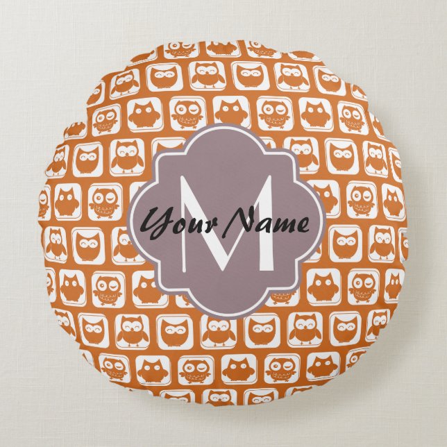 Mit Monogramm Orange Owls Rundes Kissen (Vorderseite)