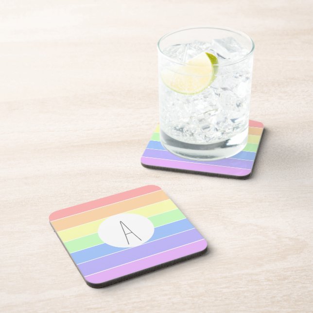 Mit Monogramm Pastell Rainbow Farbige Streifen Getränkeuntersetzer (Rechte Seite)