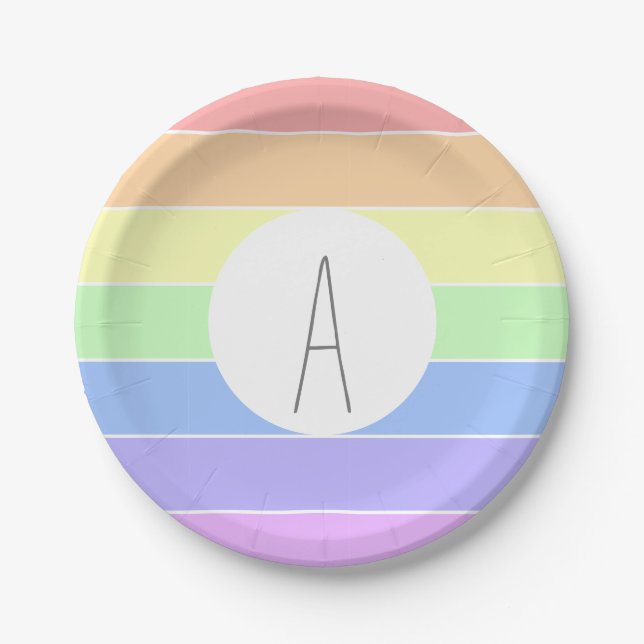 Mit Monogramm Pastell Rainbow Farbige Streifen Pappteller (Vorderseite)