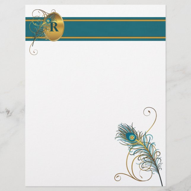 Mit Monogramm Pfau in Aquamarin und Gold (Vorderseite)