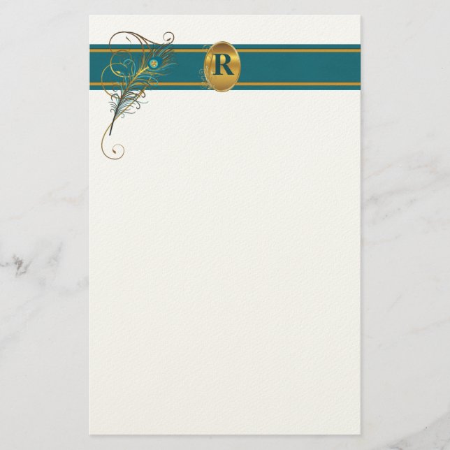 Mit Monogramm Pfauenhochzeit in Aquamarin und Gold Briefpapier (Vorderseite)