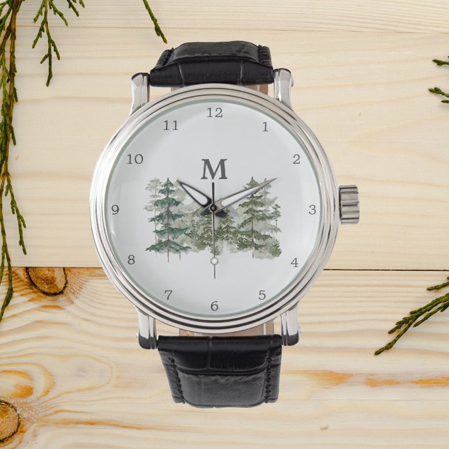 Mit Monogramm Pinienwald und Gebirge Armbanduhr (Close up)