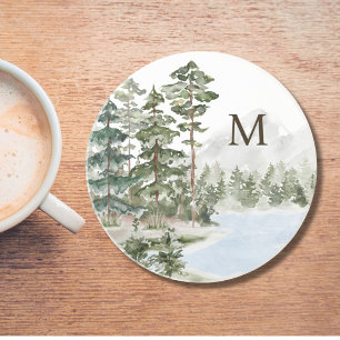 Mit Monogramm Pinienwald und See Getränkeuntersetzer