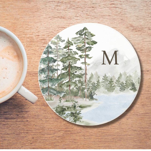 Mit Monogramm Pinienwald und See Getränkeuntersetzer (In situ)