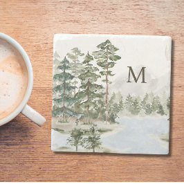 Mit Monogramm Pinienwald und See Steinuntersetzer