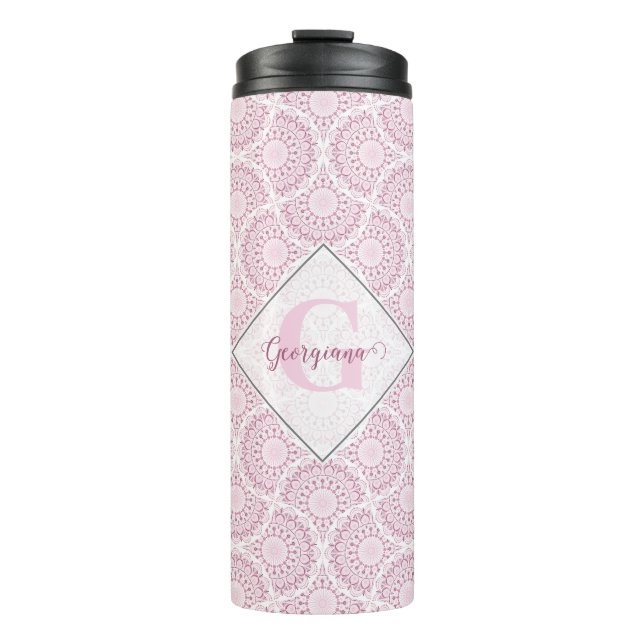 Mit Monogramm Pink Art Deco Confetti Lace Mandala Thermosbecher (Vorderseite)