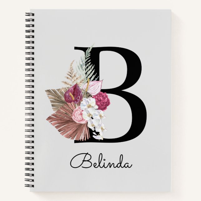 Mit Monogramm Pink Boho Floral Initial B Notizbuch (Vorderseite)