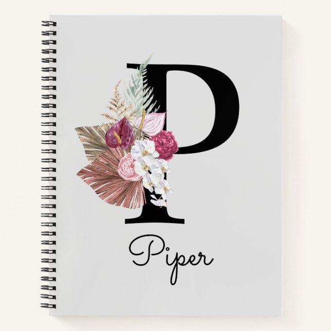 Mit Monogramm Pink Boho Floral Initial Notizbuch (Vorderseite)