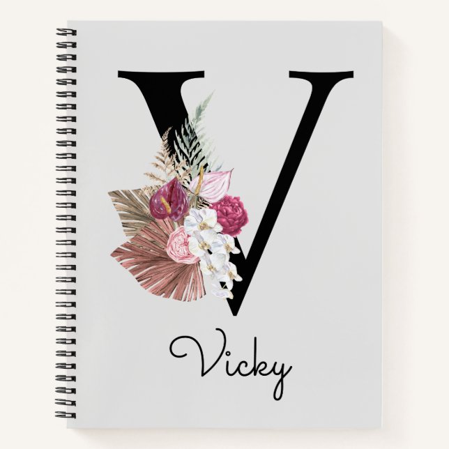 Mit Monogramm Pink Boho Floral Initial V Notizbuch (Vorderseite)
