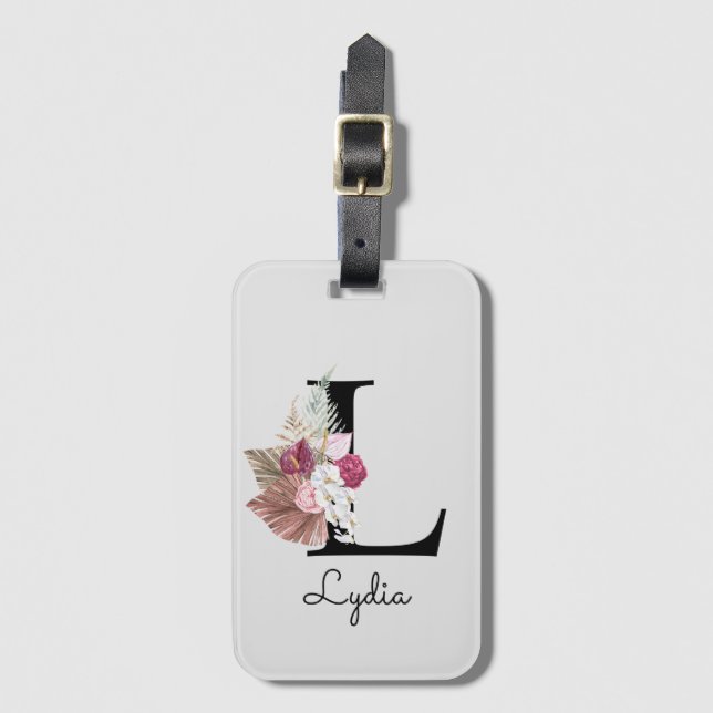 Mit Monogramm Pink Boho Girly Floral Initial L Gepäckanhänger (Vorderseite Vertikal)