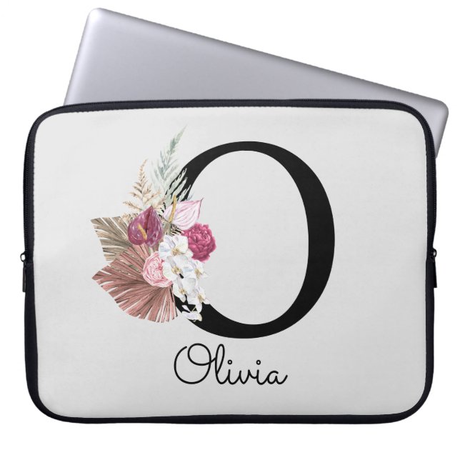 Mit Monogramm Pink Boho Girly Floral Initial O Laptopschutzhülle (Vorderseite)