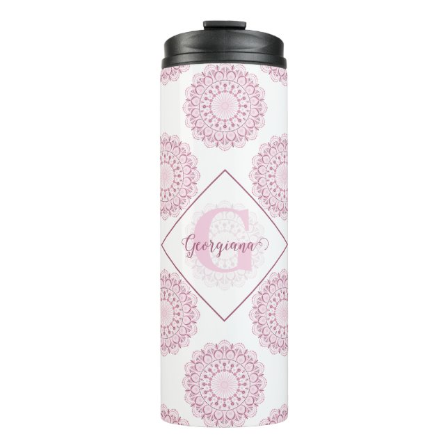 Mit Monogramm Pink Confetti Lace Polka Dot Mandala Thermosbecher (Vorderseite)