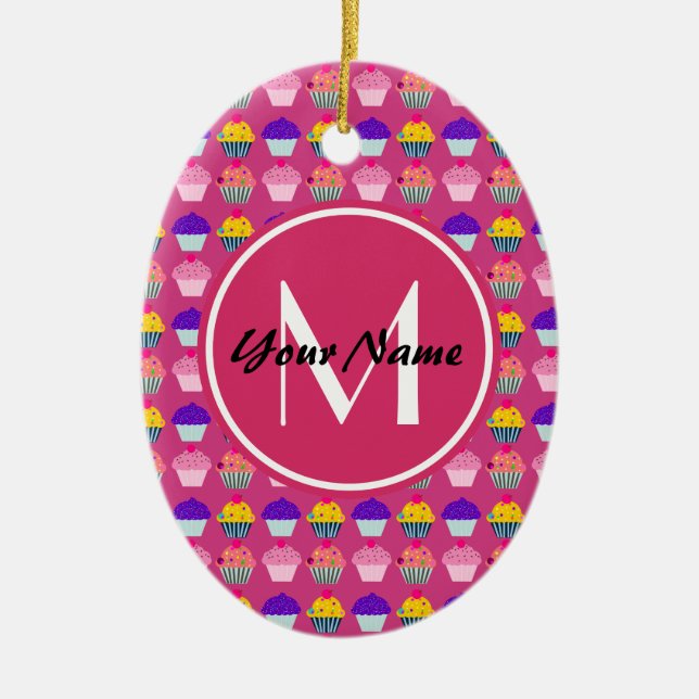 Mit Monogramm Pink Cupcakes, Personalisierter Name Keramik Ornament (Vorne)