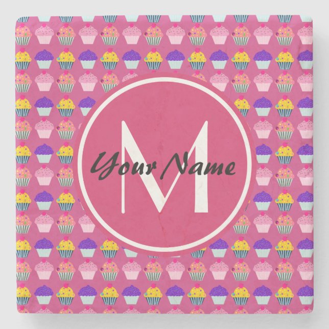 Mit Monogramm Pink Cupcakes, Personalisierter Name Steinuntersetzer (Vorderseite)