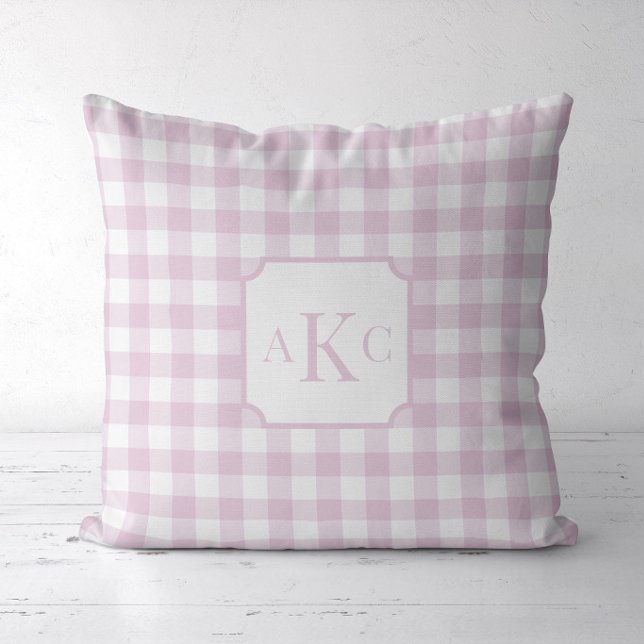 Mit Monogramm Pink Gingham Karo Kissen (Pink Gingham Check Monogram Pillow)