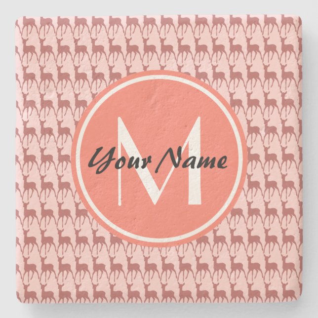 Mit Monogramm Pink Lachs Hirsch, Personalisierter  Steinuntersetzer (Vorderseite)