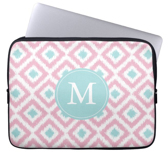 Mit Monogramm Pink Minze Diamond Ikat Muster Laptopschutzhülle (Vorderseite)