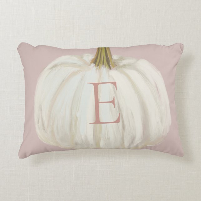 Mit Monogramm Pink und White Fall Pumpkin Dekokissen (Vorderseite)
