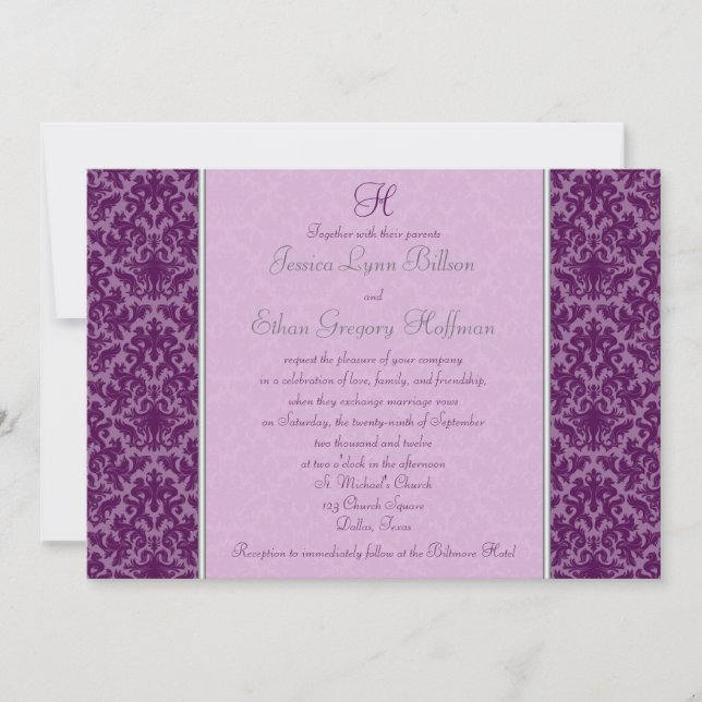 Mit Monogramm Plum Damask Hochzeitsempfang Einladung (Vorderseite)