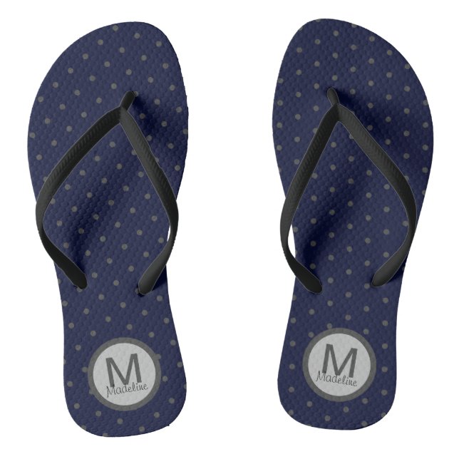 Mit Monogramm Polka Dots Gray Dark Blue Flip Flops (Fußbett)