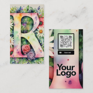 Mit Monogramm R Daisy Floral Watercolor QR-Logo Visitenkarte