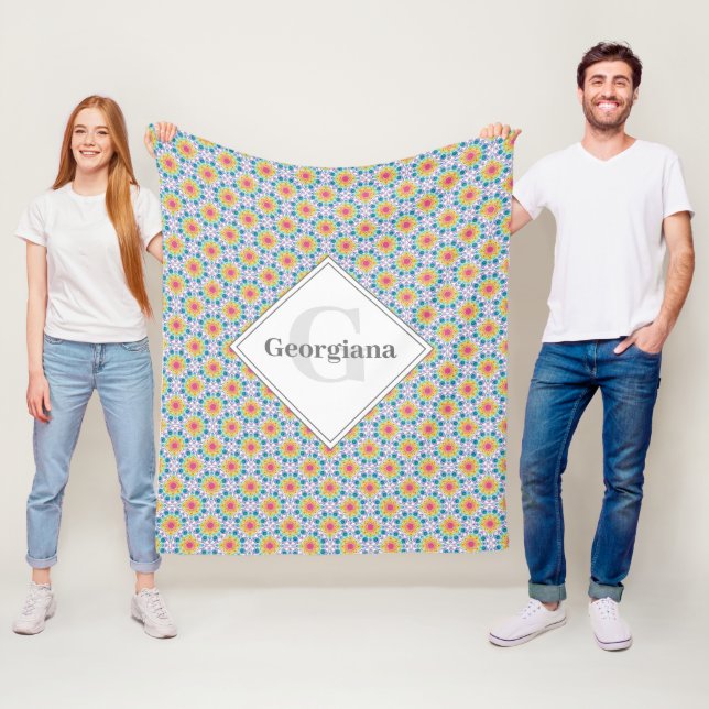 Mit Monogramm Rainbow Floral Mandala Art Deco Fans Fleecedecke (Beispiel)