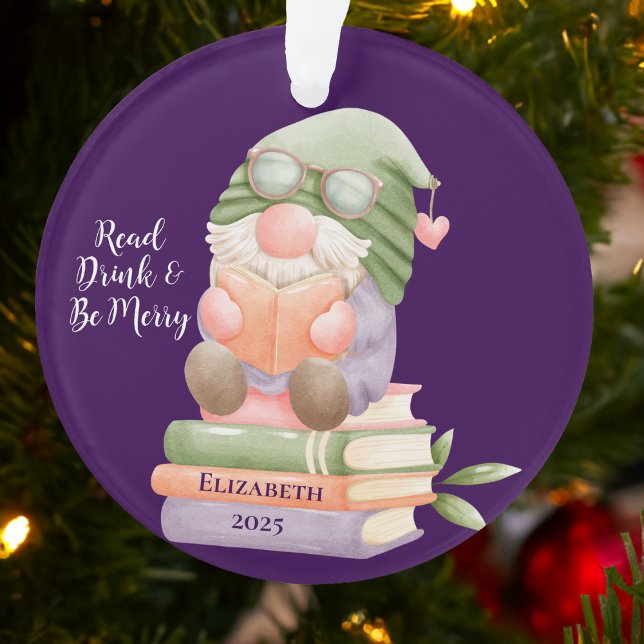 Mit Monogramm Reading Ornament (Cute gnome reading on stacked books, festive Christmas ornament for book lovers and teachers.)