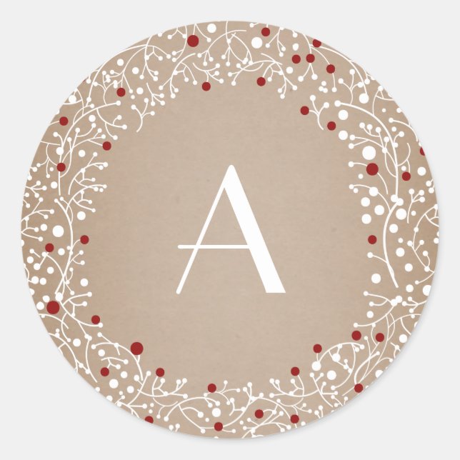 Mit Monogramm Red Berries Wreath Weihnachtsfeierta Runder Aufkleber (Vorderseite)