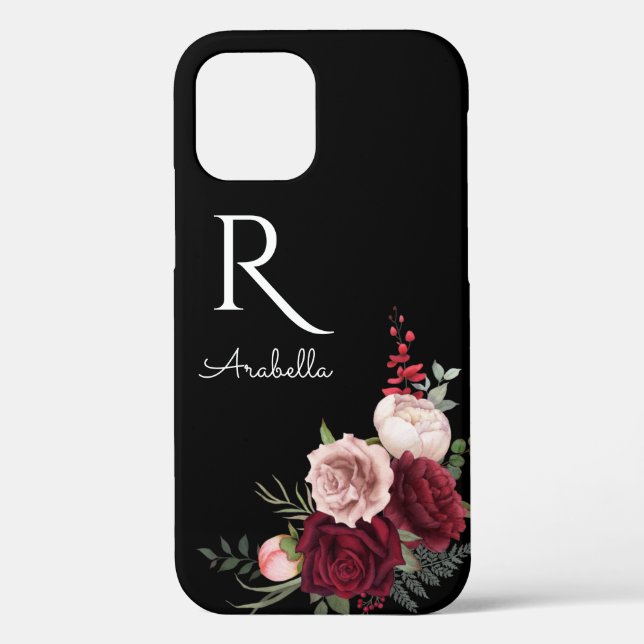 Mit Monogramm Red Blush-Rose in Schwarz Case-Mate iPhone Hülle (Rückseite)