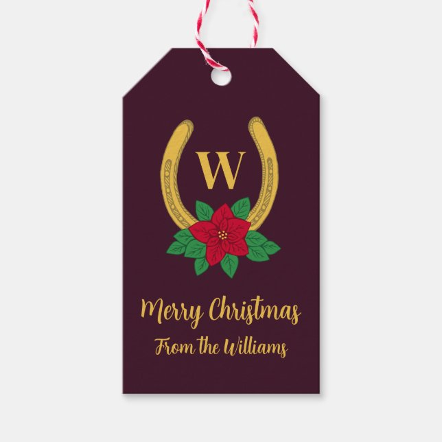 Mit Monogramm Red+GoldChristmas Poinsettia Horsesh Geschenkanhänger (Vorderseite)