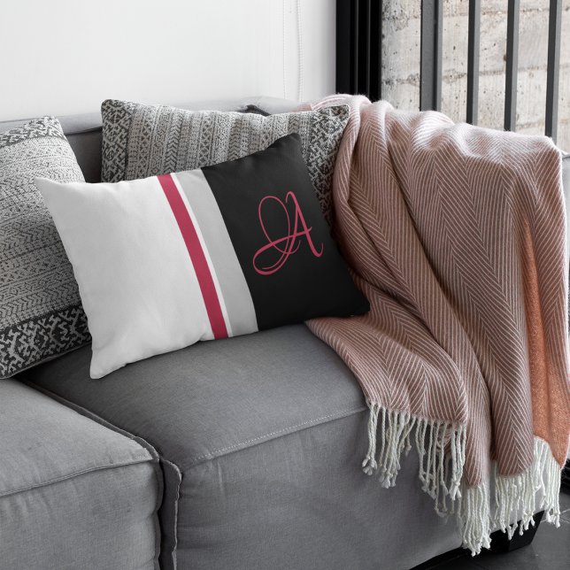 Mit Monogramm Red Magenta Grau Schwarz Streifen Lendenkissen (Von Creator hochgeladen)