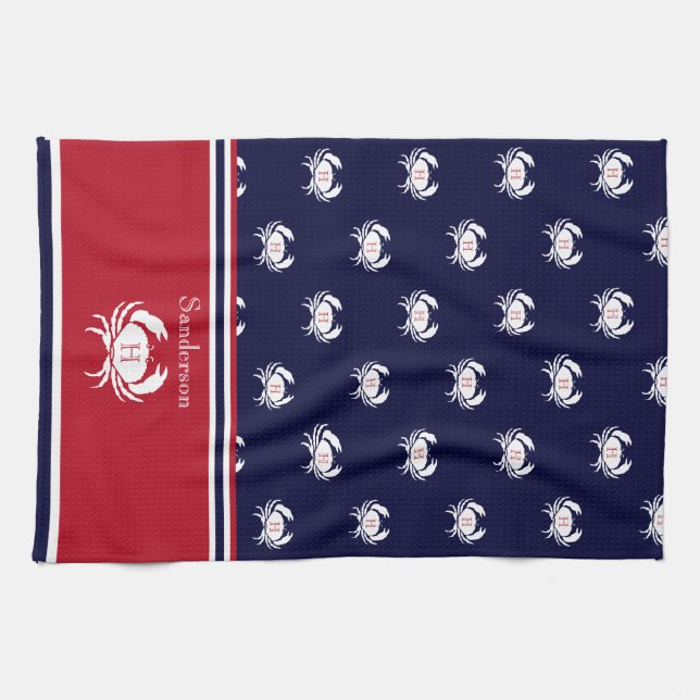 Mit Monogramm Red Navy Blue White Crab Nautic Geschirrtuch (Horizontal)